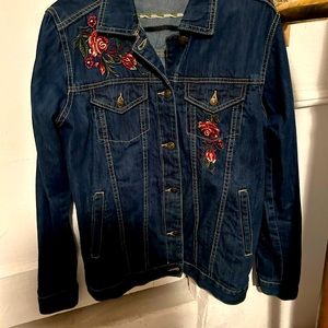 28" denim jacket with embroidery on front and back.